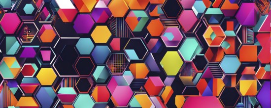 Abstract geometric patchwork illustration with vibrant intersecting geometric shapes filled with