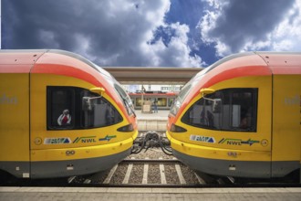 Two regional trains coupled together, Siegen main station, North Rhine-Westphalia, Germany, Europe