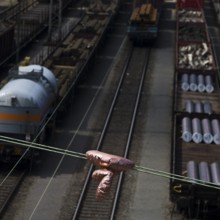 Balloon on a line in front of goods trains, train formation centre in the Vorhalle district, Hagen,