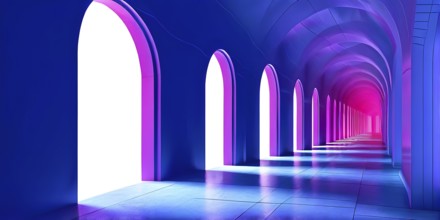 Windows aligned within an elongated tunnel permeated with gradients of blue and magenta hues, AI