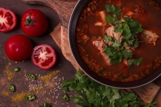 Kharcho soup, traditional Georgian dish, spicy soup, red, homemade, no people