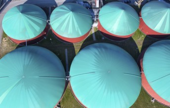 Aerial view of a biogas plant, energy production from biomass at an agricultural business,