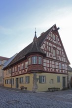 Red half-timbered house with corner turret, oriel turret, Klingengasse, Rothenburg ob der Tauber,