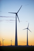 Wind turbines at dawn, Wevelsburg wind farm, Büren, Paderborn plateau, North Rhine-Westphalia,