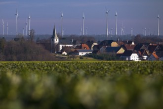 Sintfeld wind farm behind the village of Fürstenberg, Bad Wünnenberg, Paderborn plateau, North