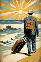 Vintage collage of a tourist with suitcase on a beach symbolizing vacation, AI generated