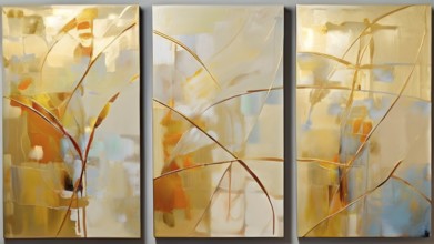 Trio of abstract hand painted oil paintings with vibrant color lines for wall decoration, AI