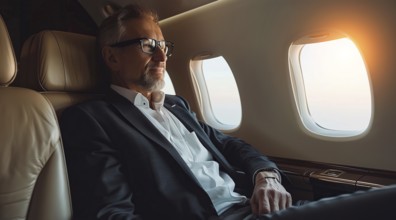 Successful businessman sitting in a plane, looking out the window. Business travel, global