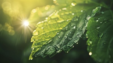 Leaf with water dew droplets on it. Concept of new beginning and business start-up, AI generated