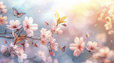 A blue and white background with pink flowers. Cherry blossom and Sakura concept, AI generated