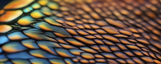 Vibrant butterfly wing with iridescent scales and network of veins, AI generated