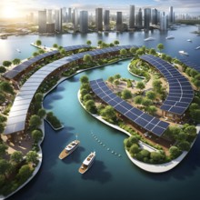 3d rendering of a sustainable engaged waterfront development with floating solar panels, AI