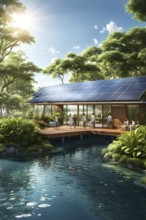 3d rendering of a sustainable engaged waterfront development with floating solar panels, AI