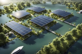 3d rendering of a sustainable engaged waterfront development with floating solar panels, AI