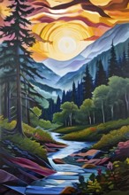 Abstract canvas illustration of a serene nature hike scenery with majestic mountains, AI generated