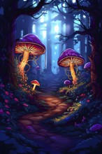 Enchanted magical forest in pixel art style with glowing mushrooms, AI generated