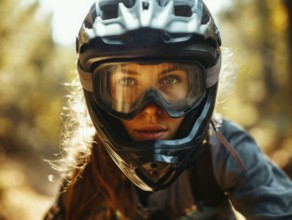 Yonge lady riding off-road mountain sport bike over extreme rough terrain, AI generated