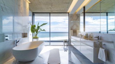 Luxury modern bathroom interior in ocean condo with expensive design and scenic view, AI generated