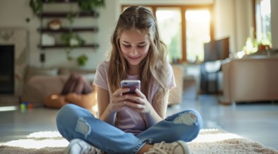 Teenager browsing internet on mobile device and playing with smartphone apps, AI generated