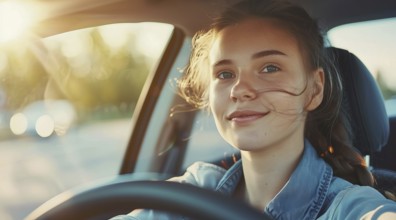 Happy car ownership, beautiful lady smiling when driving new car car, AI generated