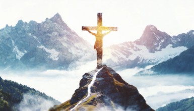 A mountain range with Jesus Christ crucified on a cross on top of it. The cross is surrounded by