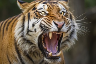 A tiger is shown with its mouth wide open, showing its teeth. The tiger appears to be angry and