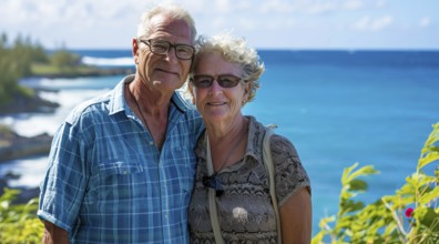 Healthy and happy active senior couple enjoying retirement close to a beach property, AI generated