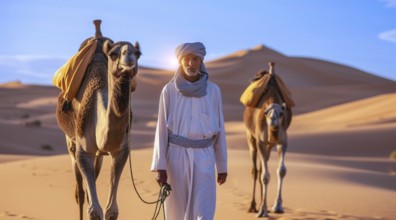 Camel rider with camels travelling over dunes in the desert, AI generated