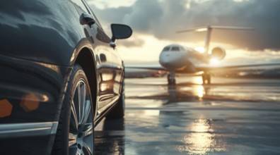 Successful businessman car in front of private airplane ready for luxury business corporate travel,