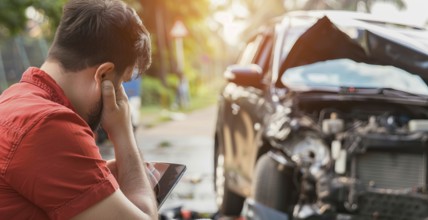 A man sits on the ground next to a car that has been in an accident. He is looking at the car with