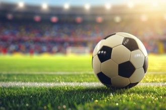 A soccer ball on a green field in soccer football stadium in evening on sunset with floodlights