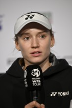 Elena Rybakina (KAZ) portrait, press conference, PK, interview, microphone, mike, logo, WTA,