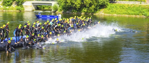 Swim start, triathlon, Danube, Ulm, Swabia, Baden-Württemberg, Germany, Europe