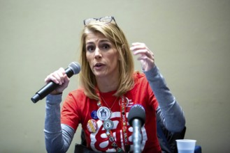 Chicago, Illinois, Sara Nelson, president of the Association of Flight Attendants-CWA, speaks at