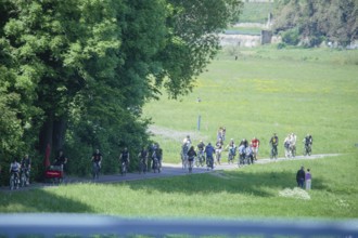 Men's groups out and about on the Dresden Elbe cycle path, Dresden, Saxony, Germany, Europe