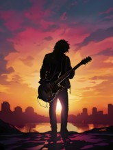 Illustration of a rock star silhouette clutching guitar against abstract urban skyline morphing