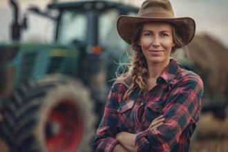 Portrait of farmer woman with blurry tracktor in background. Generative Ai, AI generated