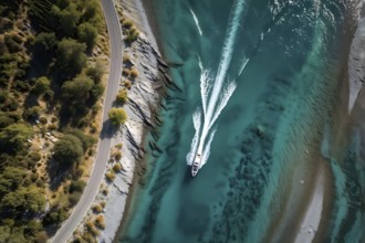 Aerial view on a high speed boat racing along a rivers serpentine, AI generated