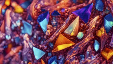 Close up of salicylic acid crystals in a kaleidoscopic flow of vibrant colors, AI generated