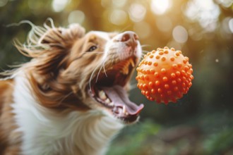 Dog playing fetch with orange ball toy. KI generiert, generiert, AI generated