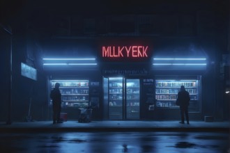 AI generated symbolic dark web marketplace concept with digital storefronts illuminated by neon