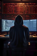 AI generated hooded man clutching a laptop symbolizing cyber criminality