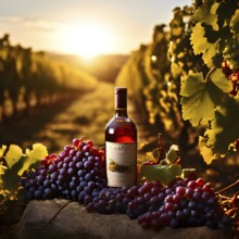 Aged bottle of wine glowing under the low sun with a vineyard in the background, AI generated