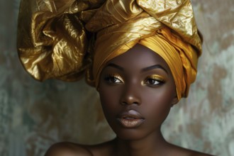 Beautiful black african american woman with golden turban. KI generiert, generiert, AI generated