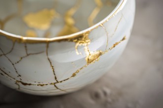 Japanese Kintsugi bowl with ceramic repair technique that uses lacquer mixed with powdered gold. KI