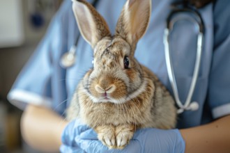 Bunny being held by vet in blue scrub. KI generiert, generiert, AI generated