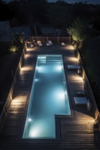 AI generated aerial view of an empty wooden deck with swimming illuminated at night