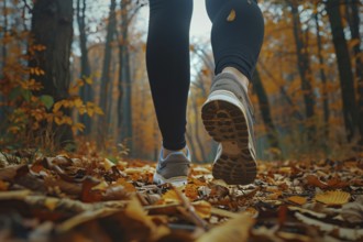 Back view of woman's legs with sport shoes jogging through forest with orange autumn leaves.