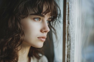 Portrait of young woman in thoughts looking out of window. Generative Ai, AI generated