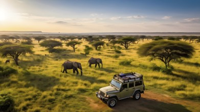 Aerial view of african savanna with elephants and a safari jeep parked, AI generated